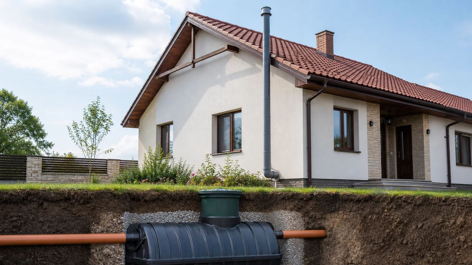 Conductă de aerisire pentru fosa septică ridicată de-a lungul peretelui unei case, depășind streașina acoperișului
