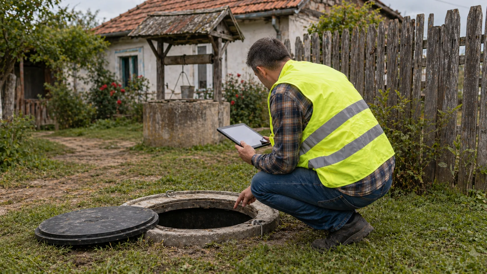 Inspector de la Garda de Mediu care inspectează o fosă septică într-o curte din România, cu tabletă cu documente în mână