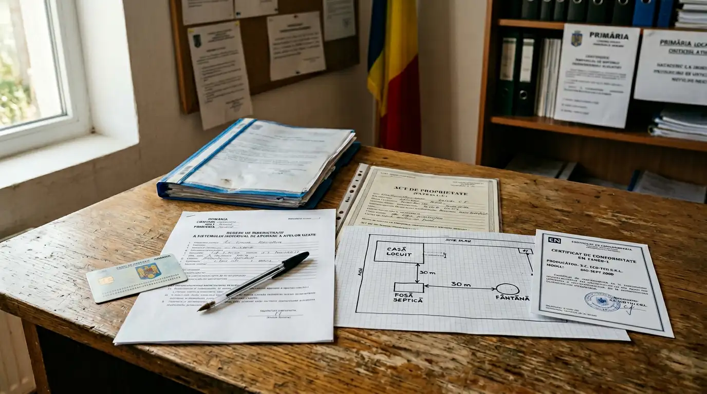 Proprietar cu documentele pentru autorizarea fosei septice, pe un birou de primărie din România