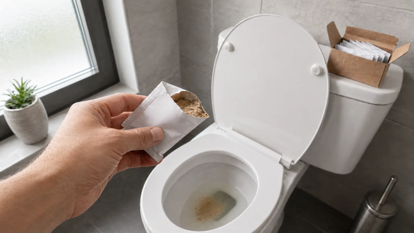 Mână care toarnă bioactivator lichid în WC ca dozare pentru fosa septică, cu ambalajul produsului pe marginea chiuvetei