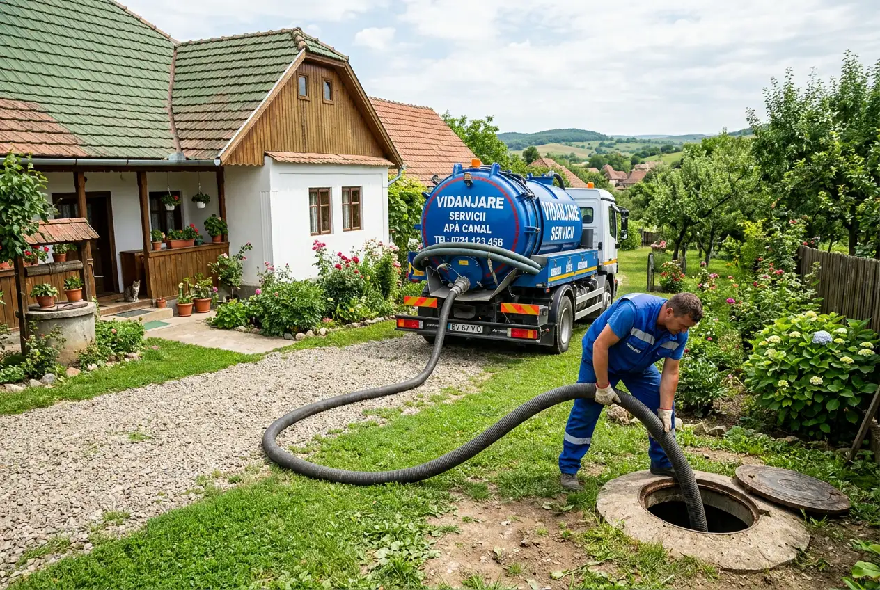 Autospecială de vidanjare la o gospodărie rurală din România — golirea fosei septice