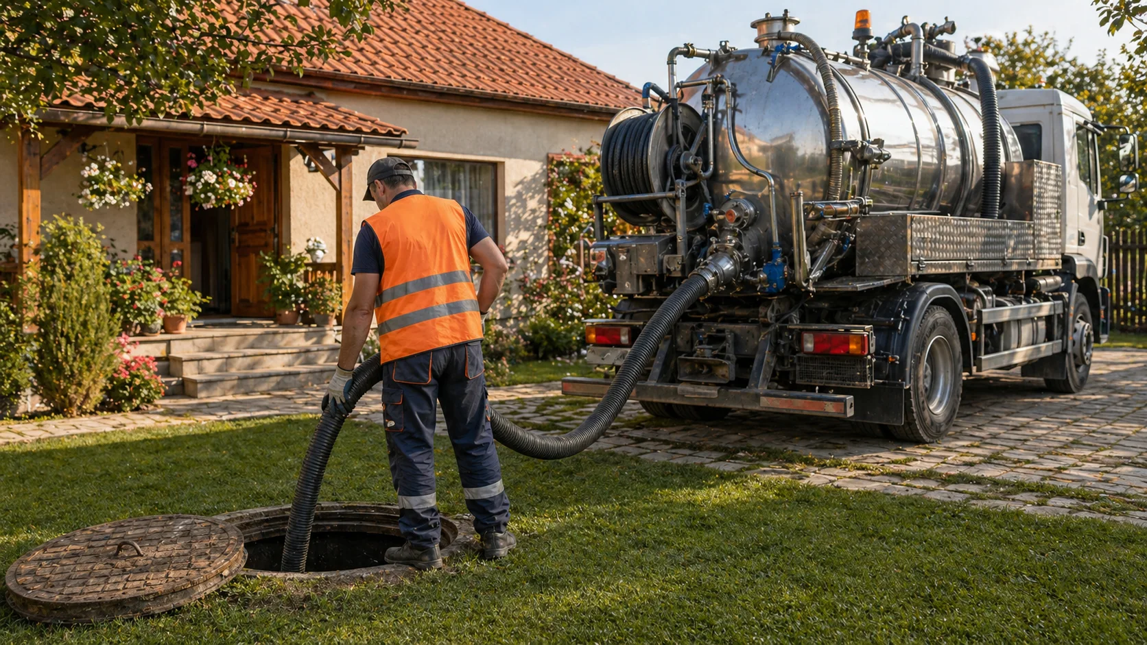 Camion de vidanjare profesional lângă o fosă septică într-o curte din România, cu operator în uniformă care verifică echipamentul