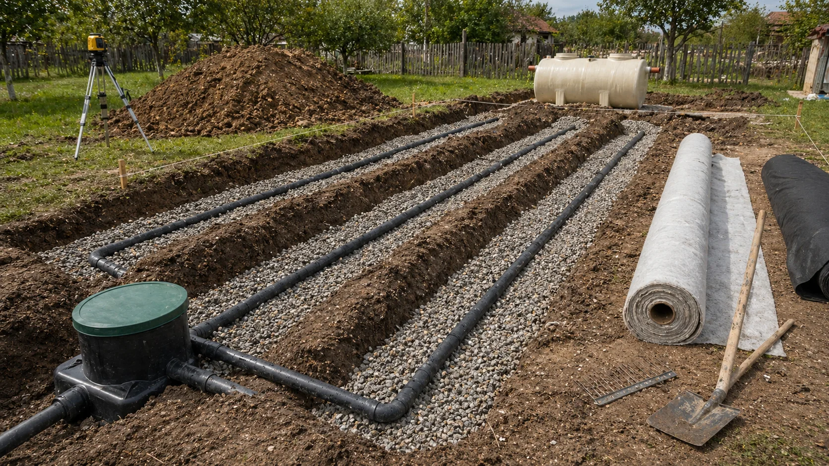 Câmp de drenaj pentru fosă septică în instalare, cu țevi PVC perforate așezate în pat de pietriș calibrat, acoperite cu geotextil