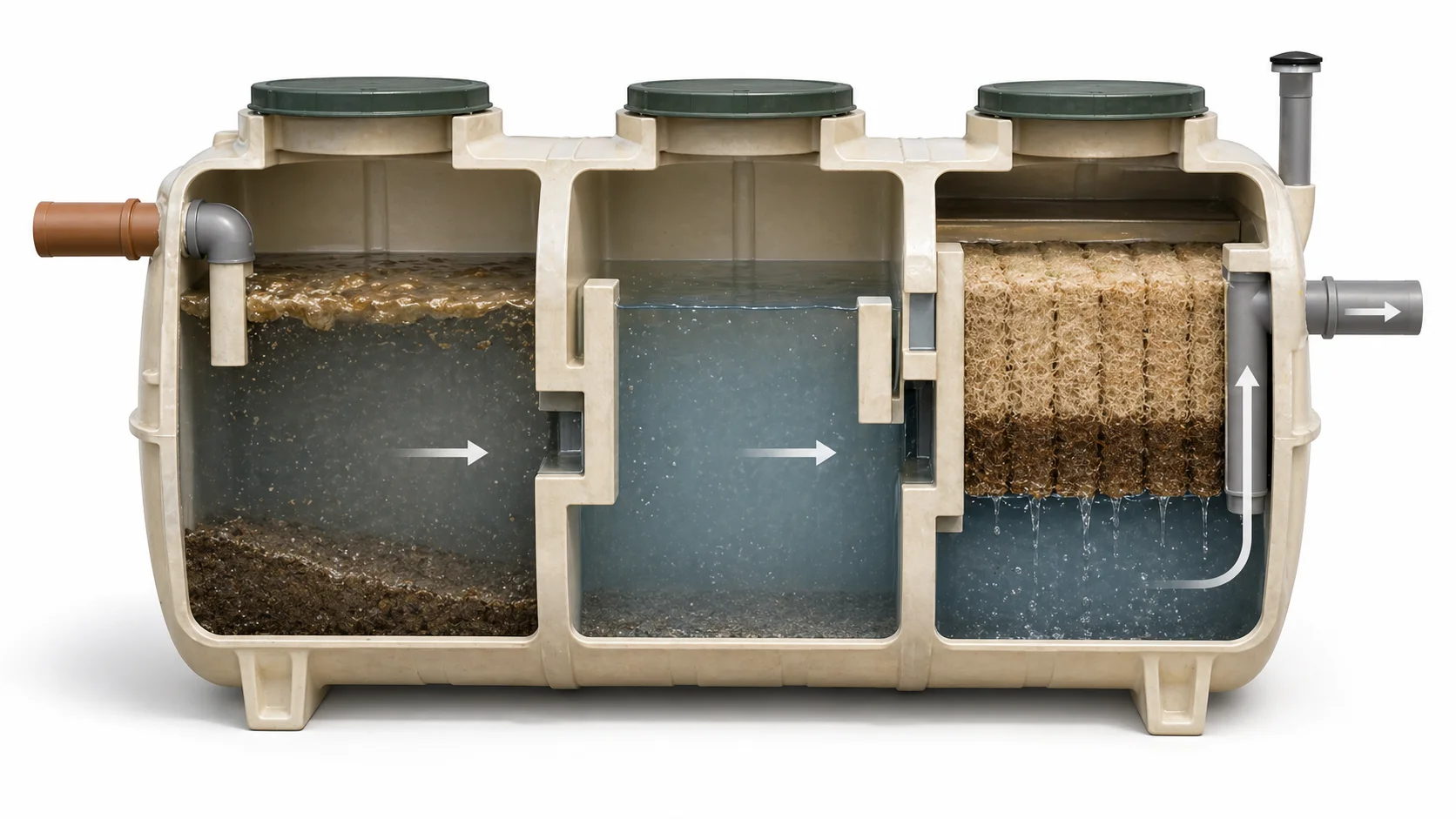 Fosă septică cu compartimente interne cu filtru biologic din material textil specializat, în secțiune tehnică pentru ilustrarea funcționării