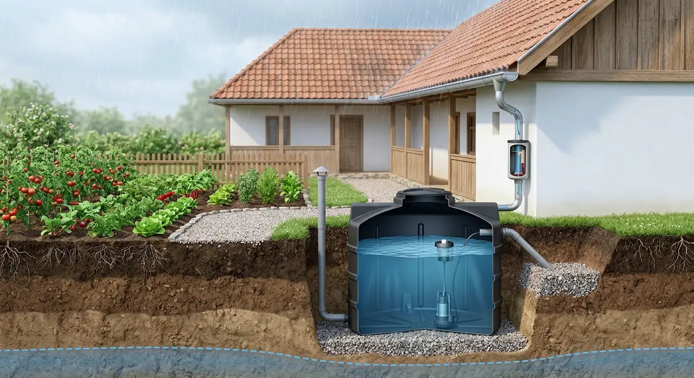 Rezervor de apă pluvială îngropat, conectat la jgheaburile casei printr-un filtru de sedimente