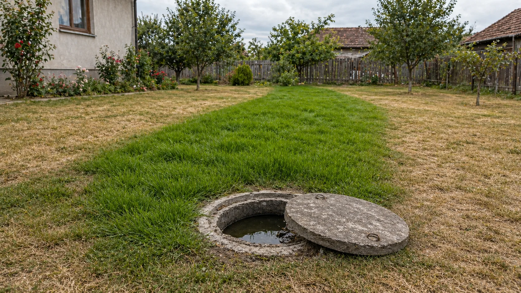 Iarbă foarte verde deasupra drenajului unei fose septice supraîncărcate într-o curte din România, cu o fâșie distinctă față de restul gazonului